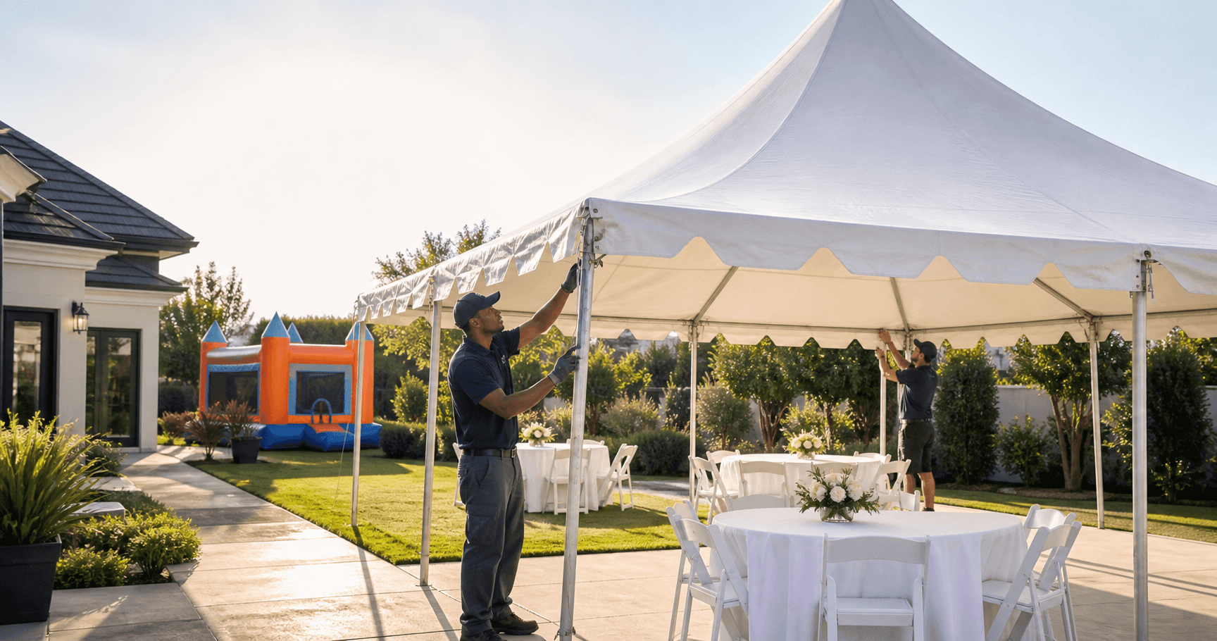Event-rental professionals setting up a white tent with tables and chairs while a bounce house is prepared in the background