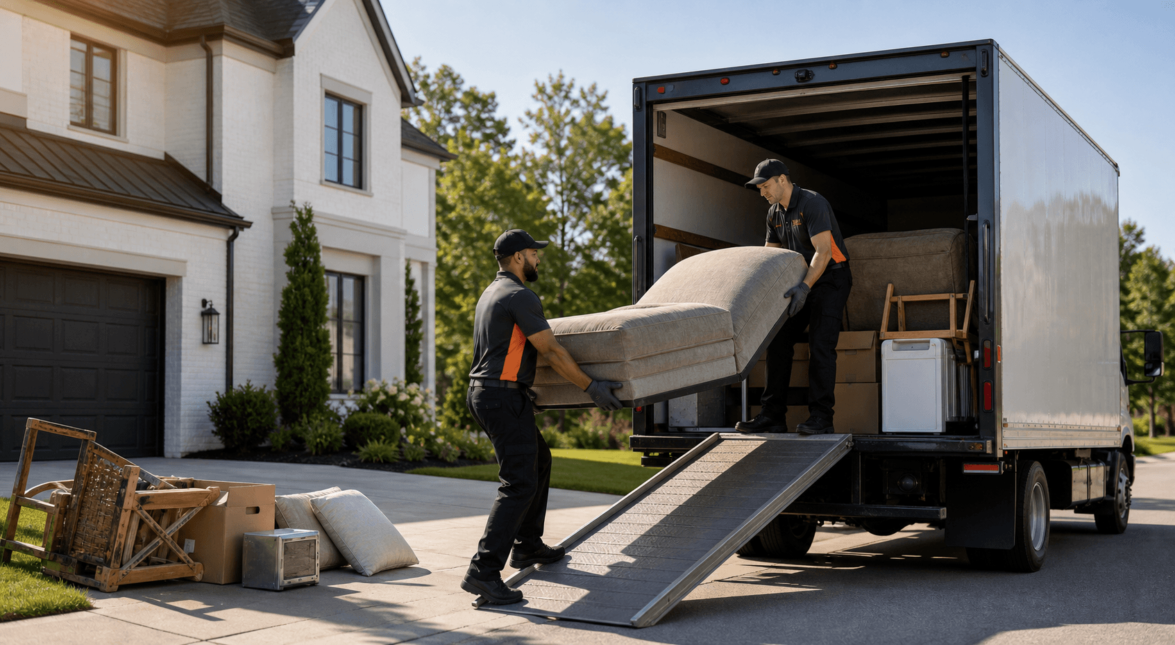 Two junk removal professionals loading bulky household items into a box truck in a residential driveway