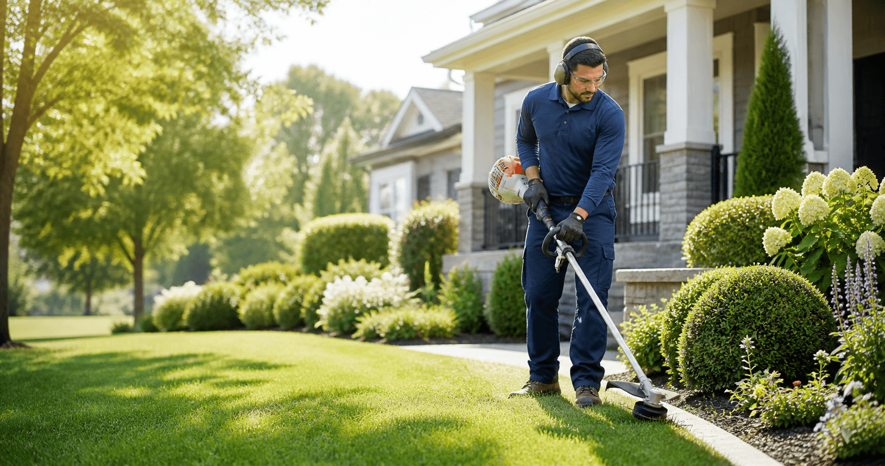 Professional landscaper trimming a lawn at a residential property