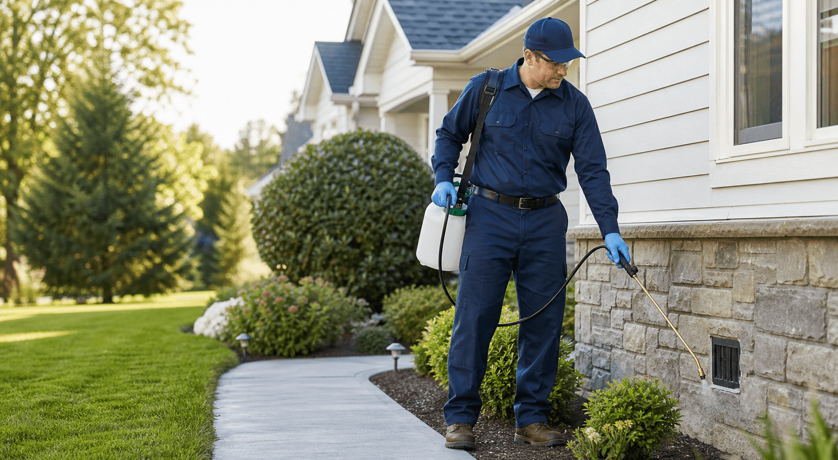 Pest control technician spraying a perimeter treatment around a home